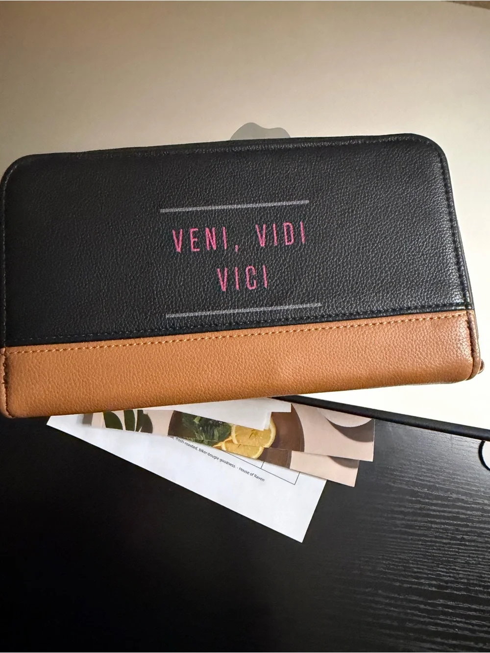 Zip-Around Wallet with 'Veni, Vidi, Vici' Text - Black & Tan Thirty-One Benjamin